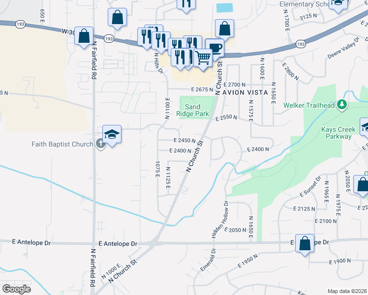 map of restaurants, bars, coffee shops, grocery stores, and more near 1189 East 2400 North in Layton