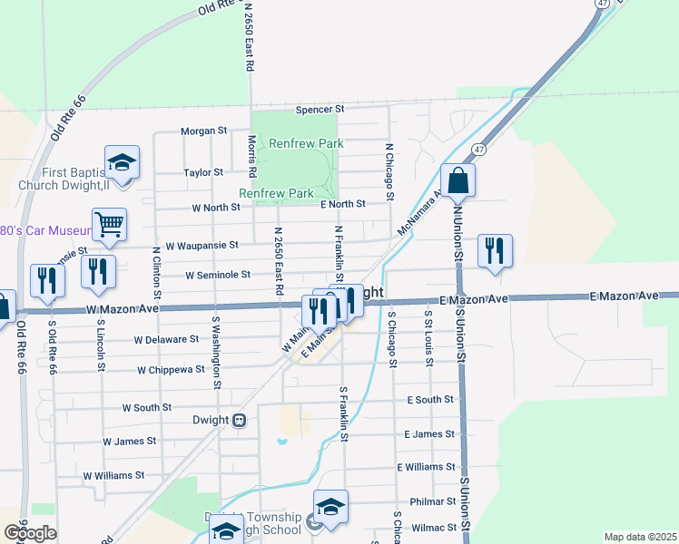 map of restaurants, bars, coffee shops, grocery stores, and more near 201 North Franklin Street in Dwight