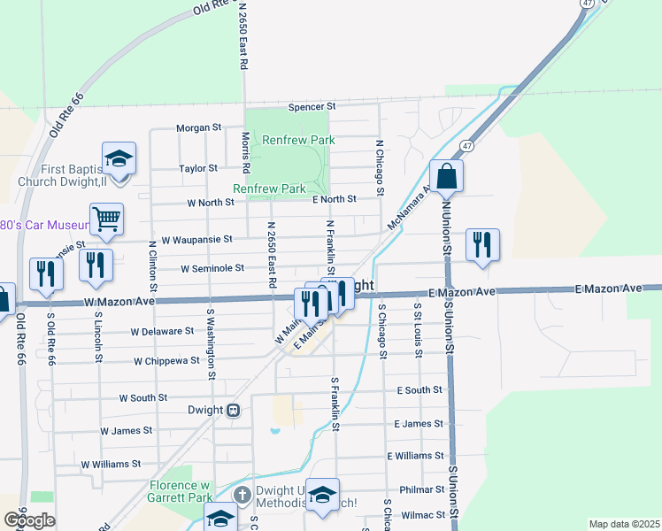 map of restaurants, bars, coffee shops, grocery stores, and more near 201 North Franklin Street in Dwight