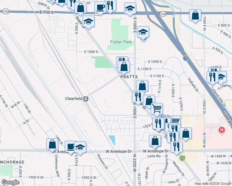 map of restaurants, bars, coffee shops, grocery stores, and more near 894 1350 South in Clearfield