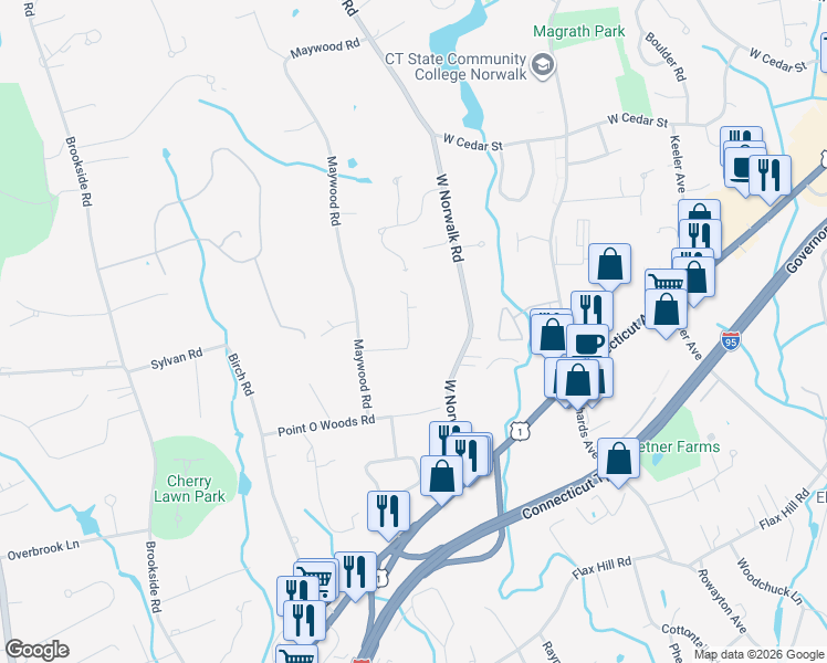 map of restaurants, bars, coffee shops, grocery stores, and more near 12 Dellwood Road in Norwalk