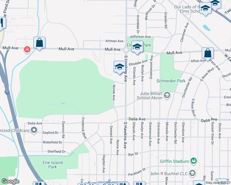 map of restaurants, bars, coffee shops, grocery stores, and more near 530 Nome Avenue in Akron