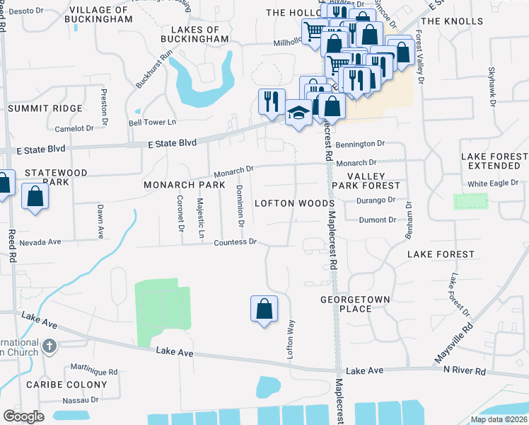 map of restaurants, bars, coffee shops, grocery stores, and more near 6026 Landover Pl in Fort Wayne