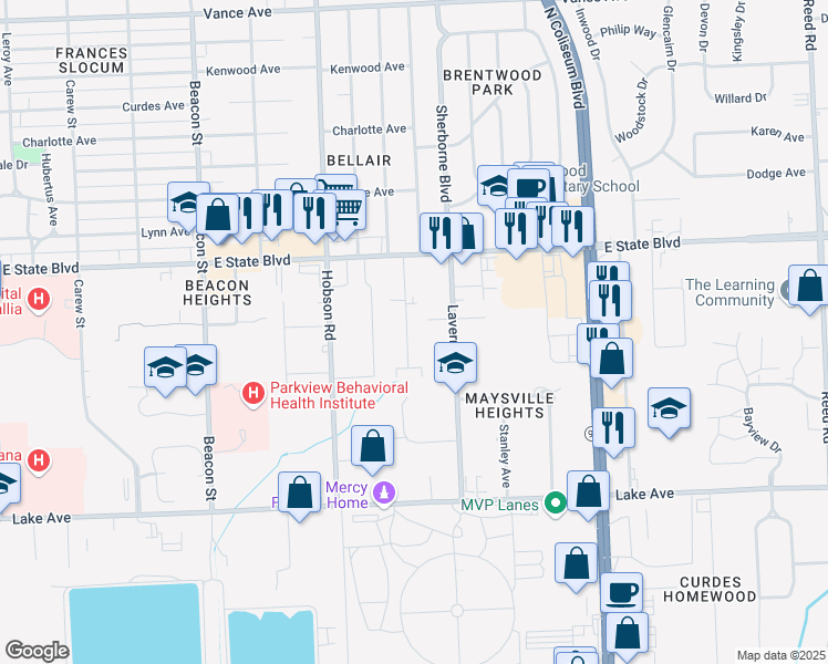 map of restaurants, bars, coffee shops, grocery stores, and more near 3400 Forest Avenue in Fort Wayne
