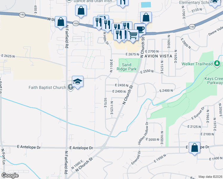 map of restaurants, bars, coffee shops, grocery stores, and more near 1118 East 2450 North in Layton