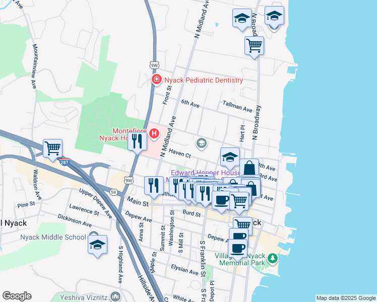 map of restaurants, bars, coffee shops, grocery stores, and more near 19 Haven Court in Nyack