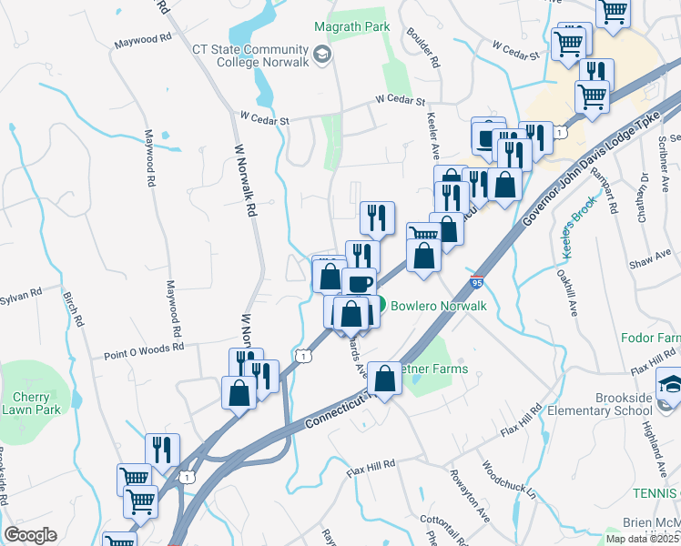 map of restaurants, bars, coffee shops, grocery stores, and more near 105 Richards Avenue in Norwalk