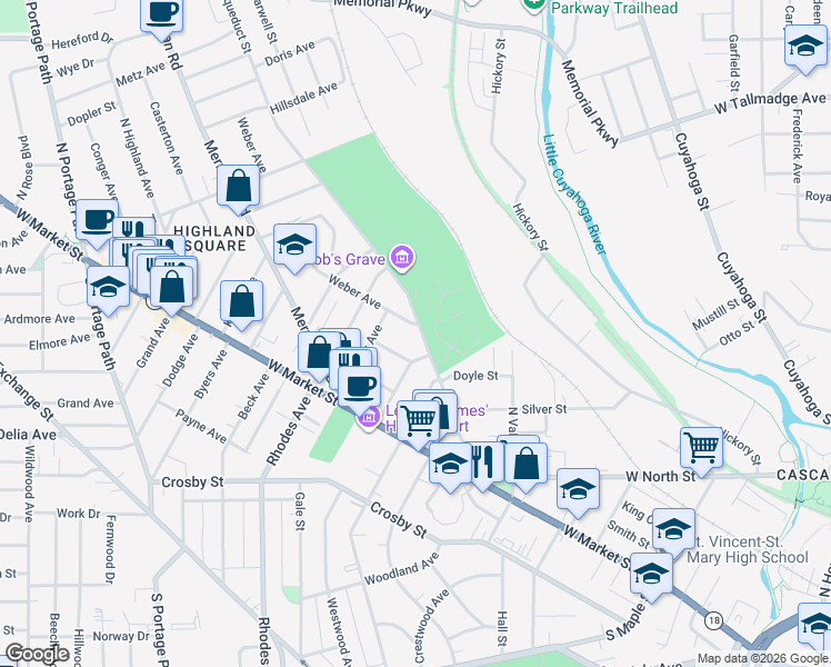 map of restaurants, bars, coffee shops, grocery stores, and more near 540 Weber Avenue in Akron