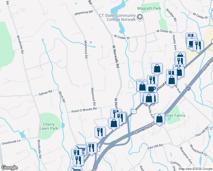 map of restaurants, bars, coffee shops, grocery stores, and more near 12 Dellwood Road in Norwalk