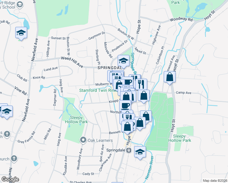 map of restaurants, bars, coffee shops, grocery stores, and more near 1092 Hope Street in Stamford