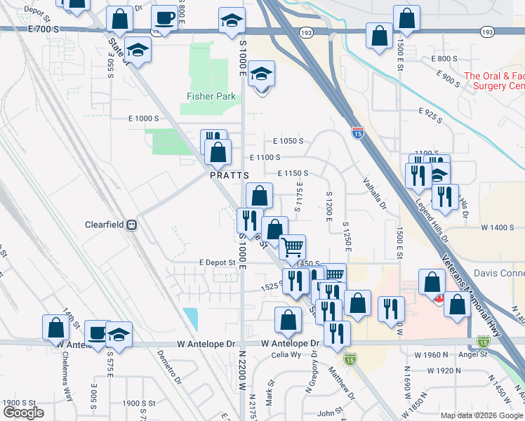 map of restaurants, bars, coffee shops, grocery stores, and more near 1294 1050 East in Clearfield
