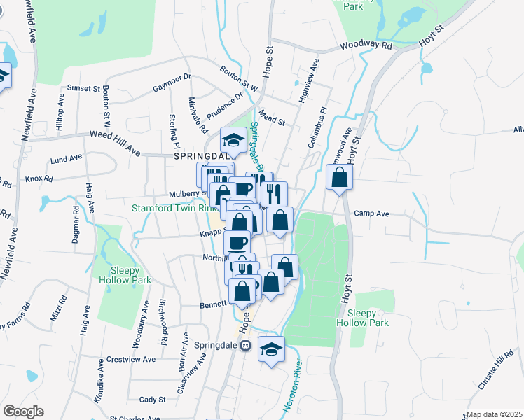 map of restaurants, bars, coffee shops, grocery stores, and more near 77 Camp Avenue in Stamford