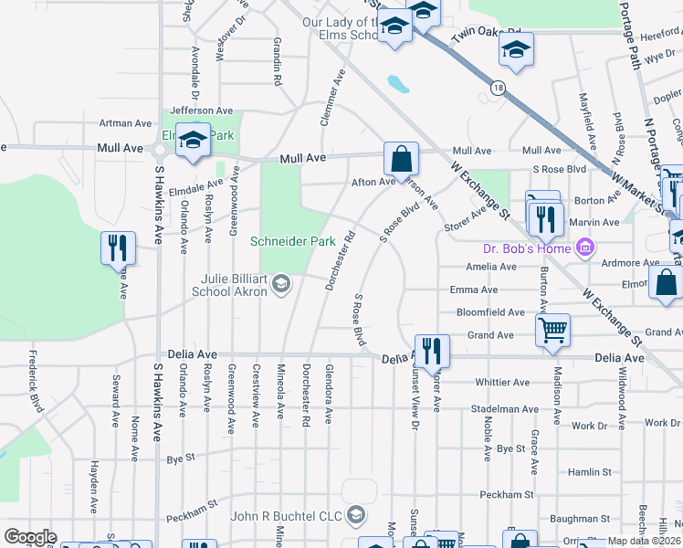 map of restaurants, bars, coffee shops, grocery stores, and more near 317 Dorchester Road in Akron