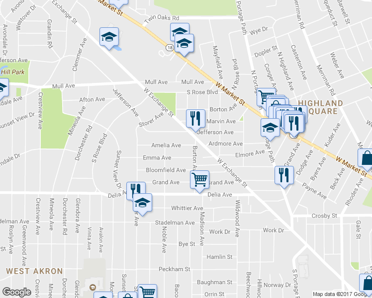 map of restaurants, bars, coffee shops, grocery stores, and more near 932 Amelia Avenue in Akron