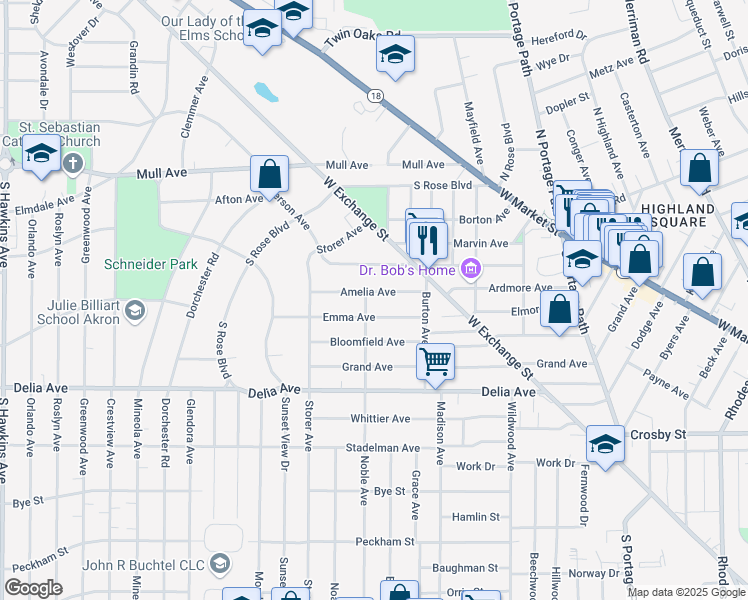 map of restaurants, bars, coffee shops, grocery stores, and more near 968 Amelia Ave in Akron
