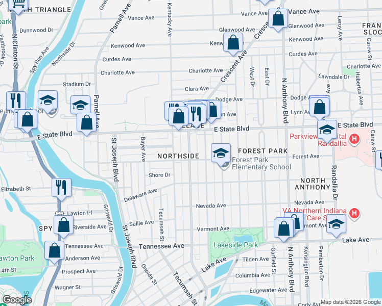 map of restaurants, bars, coffee shops, grocery stores, and more near 2120 Crescent Avenue in Fort Wayne