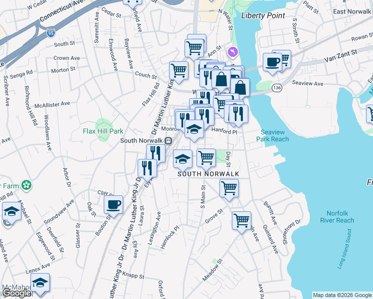 map of restaurants, bars, coffee shops, grocery stores, and more near 13 Chestnut Street in Norwalk