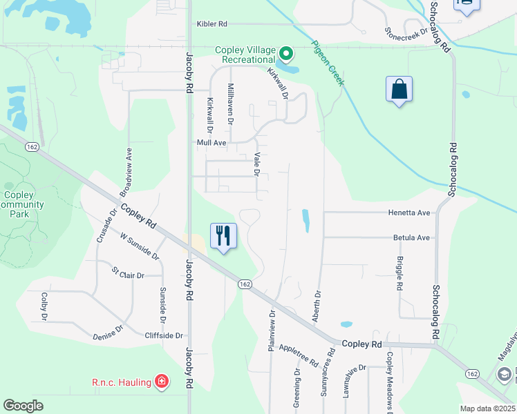 map of restaurants, bars, coffee shops, grocery stores, and more near 1145 Meadow Run in Akron