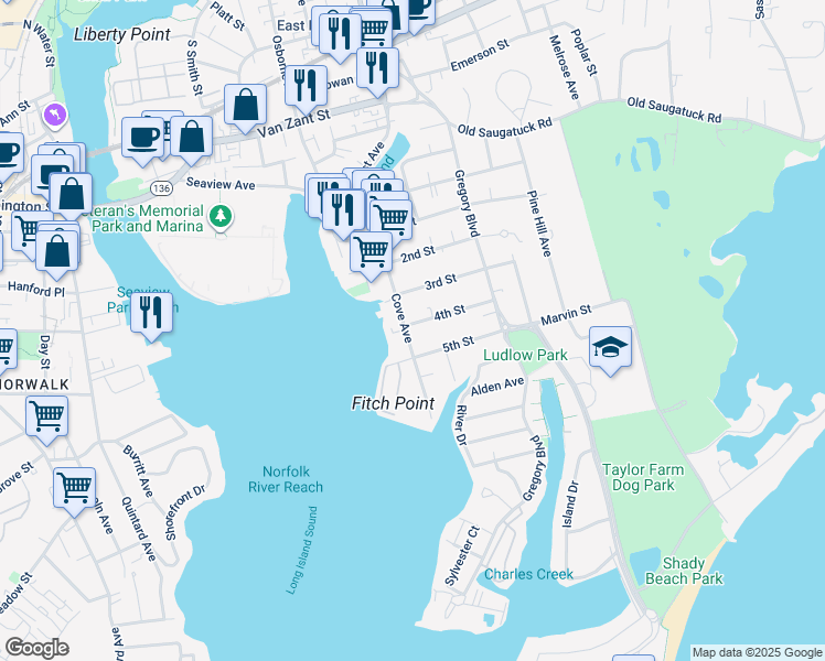 map of restaurants, bars, coffee shops, grocery stores, and more near 1 4th Street in Norwalk