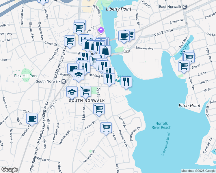 map of restaurants, bars, coffee shops, grocery stores, and more near 123 Water Street in Norwalk
