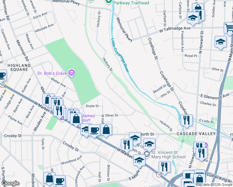 map of restaurants, bars, coffee shops, grocery stores, and more near 403 Hickory Street in Akron