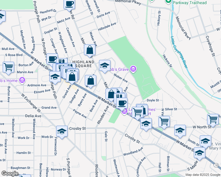 map of restaurants, bars, coffee shops, grocery stores, and more near in Akron
