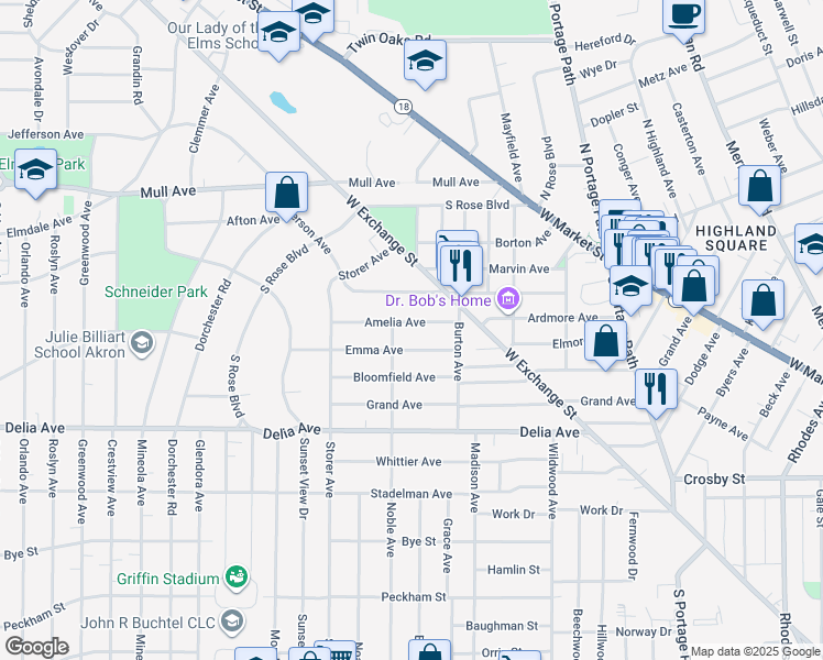 map of restaurants, bars, coffee shops, grocery stores, and more near 968 Amelia Avenue in Akron