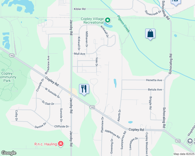map of restaurants, bars, coffee shops, grocery stores, and more near 1145 Meadow Run in Akron