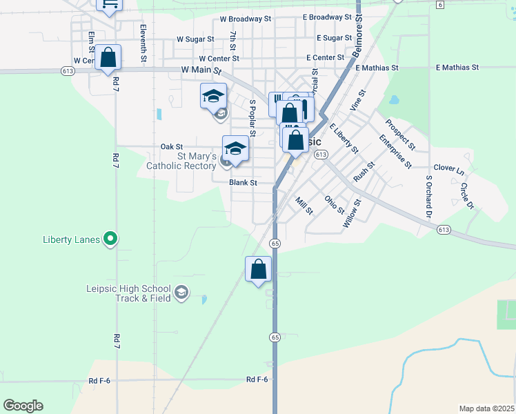 map of restaurants, bars, coffee shops, grocery stores, and more near 532 South Poplar Street in Leipsic