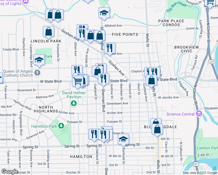 map of restaurants, bars, coffee shops, grocery stores, and more near 2214 Lincoln Highway in Fort Wayne