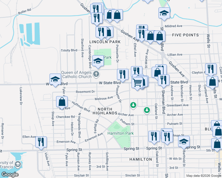 map of restaurants, bars, coffee shops, grocery stores, and more near 1416 Rosemont Drive in Fort Wayne