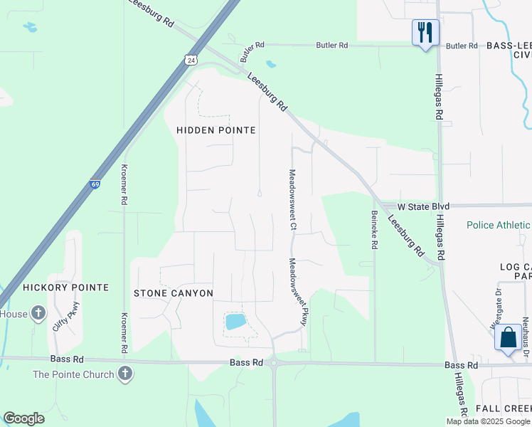 map of restaurants, bars, coffee shops, grocery stores, and more near 2216 Morgan Creek Drive in Fort Wayne