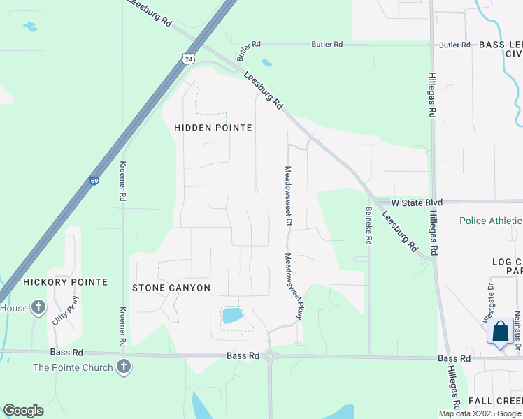 map of restaurants, bars, coffee shops, grocery stores, and more near 2216 Morgan Creek Drive in Fort Wayne