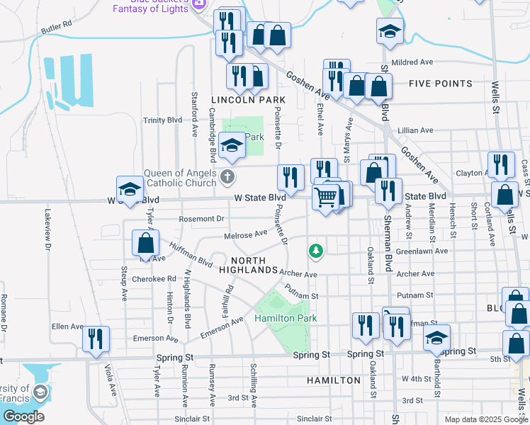 map of restaurants, bars, coffee shops, grocery stores, and more near 1416 Rosemont Drive in Fort Wayne