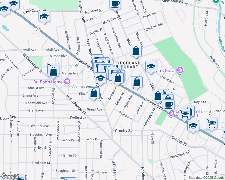 map of restaurants, bars, coffee shops, grocery stores, and more near 22 Grand Avenue in Akron