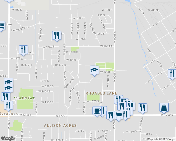 map of restaurants, bars, coffee shops, grocery stores, and more near 1204 West 1290 South in Syracuse