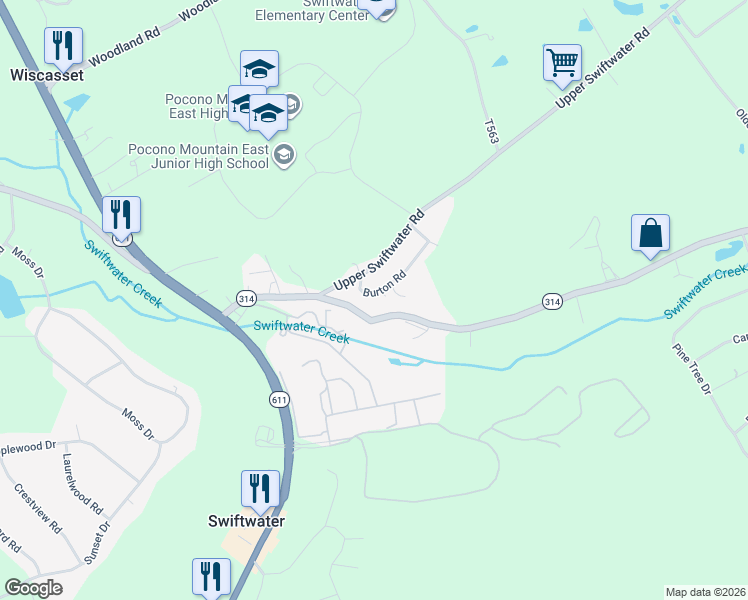 map of restaurants, bars, coffee shops, grocery stores, and more near 114 Burton Road in Mount Pocono