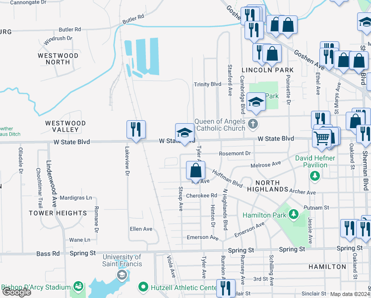 map of restaurants, bars, coffee shops, grocery stores, and more near 1901 West State Boulevard in Fort Wayne