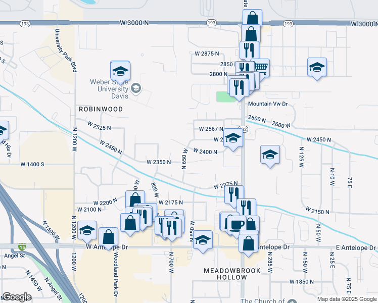 map of restaurants, bars, coffee shops, grocery stores, and more near 2378 North 675 West in Layton