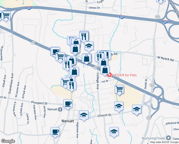 map of restaurants, bars, coffee shops, grocery stores, and more near 25 College Avenue in Nanuet