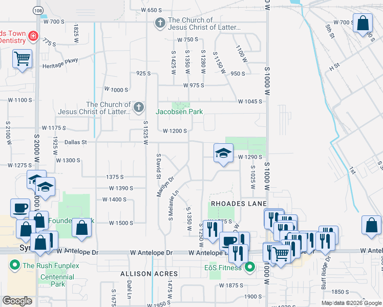 map of restaurants, bars, coffee shops, grocery stores, and more near 1295 Marilyn Drive in Syracuse