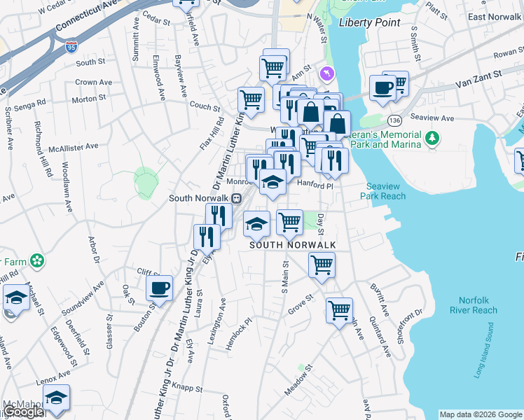 map of restaurants, bars, coffee shops, grocery stores, and more near 13 Chestnut Street in Norwalk