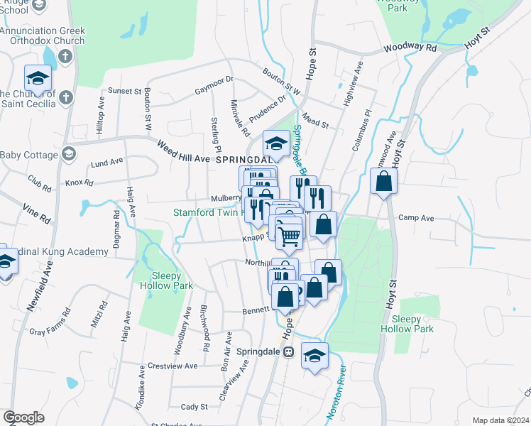 map of restaurants, bars, coffee shops, grocery stores, and more near 1092 Hope Street in Stamford