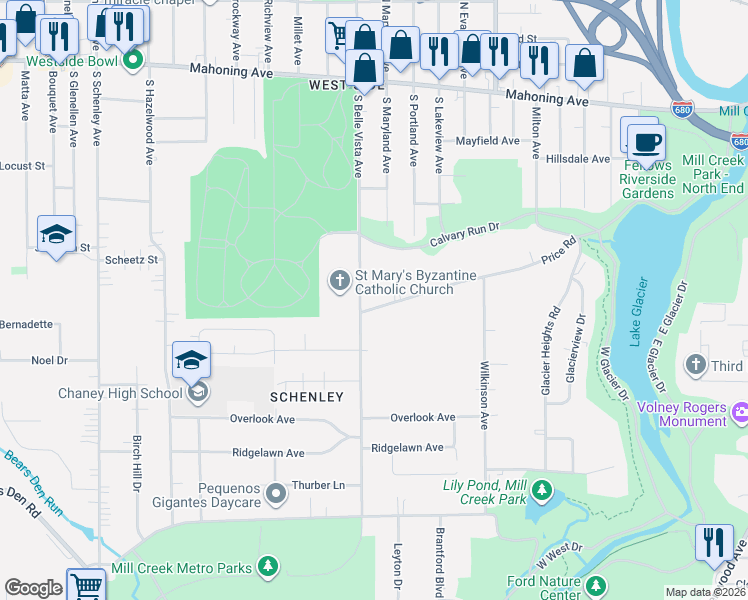 map of restaurants, bars, coffee shops, grocery stores, and more near 1850 Price Road in Youngstown