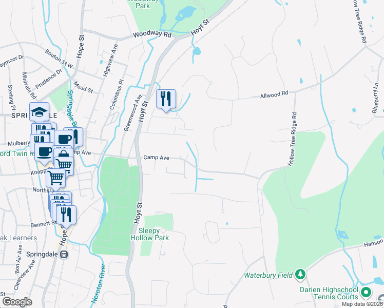 map of restaurants, bars, coffee shops, grocery stores, and more near 74 Camp Avenue in Darien