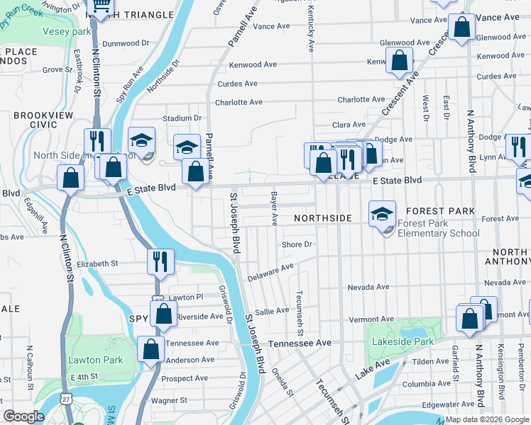 map of restaurants, bars, coffee shops, grocery stores, and more near 918 Northwood Blvd in Fort Wayne