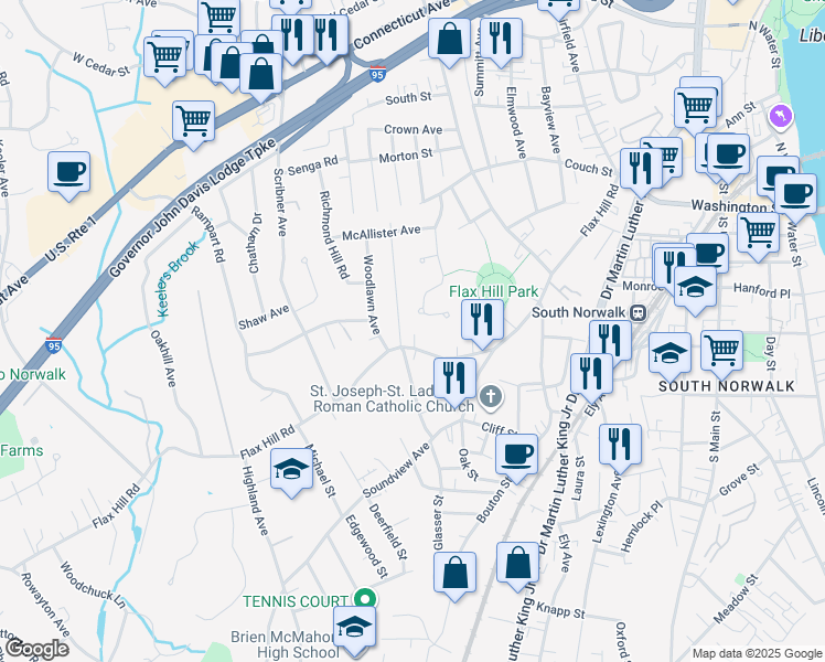 map of restaurants, bars, coffee shops, grocery stores, and more near 281 Flax Hill Road in Norwalk