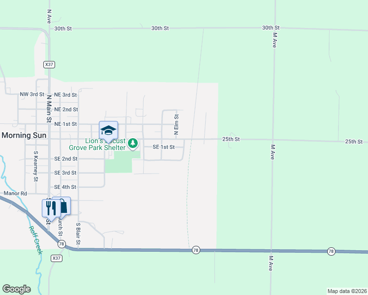 map of restaurants, bars, coffee shops, grocery stores, and more near South Front Street in Morning Sun