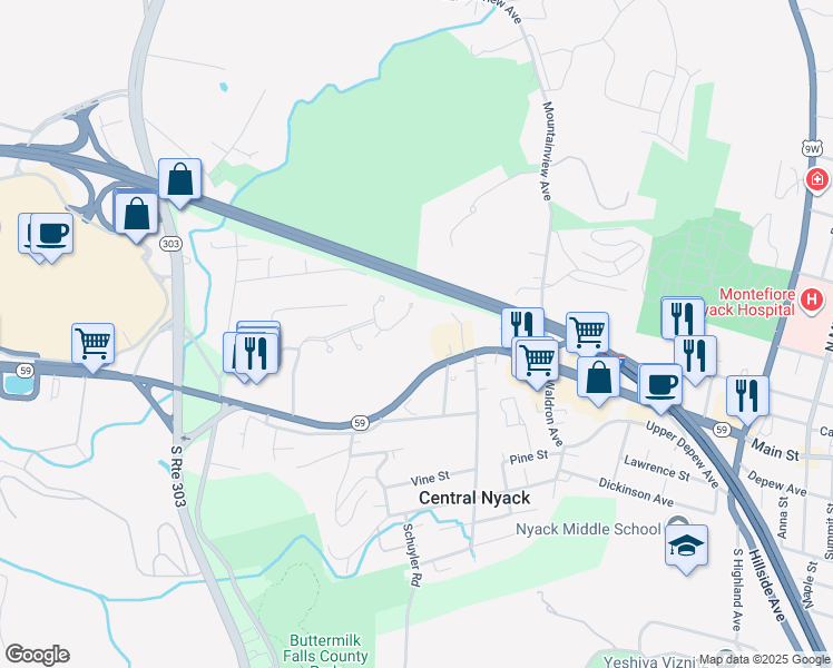map of restaurants, bars, coffee shops, grocery stores, and more near 12 South Delaware Drive in Nyack