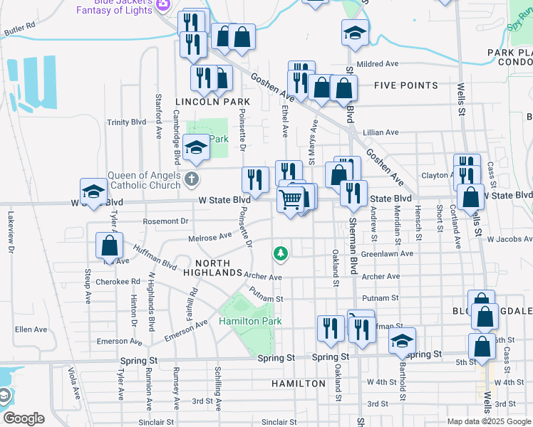 map of restaurants, bars, coffee shops, grocery stores, and more near 1314 Melrose Avenue in Fort Wayne